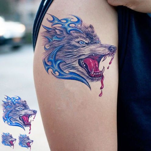 纹身贴防水胸前手臂花臂滴血狼头图腾狼头刺青男女持久仿真刺青个