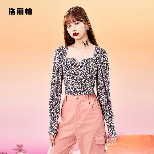 洛丽帕女装排扣方领紫色小碎花上衣2022春夏新款气质短款收腰小衫