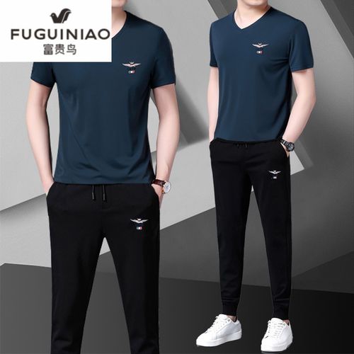 富贵鸟品牌夏季男士运动套装休闲两件套薄款中青年冰丝短袖长裤宽松