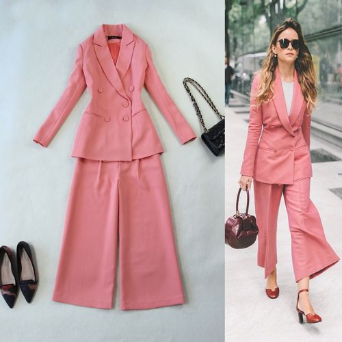 包邮大码女装2121春夏新款橘粉色修身双排扣长西服 8