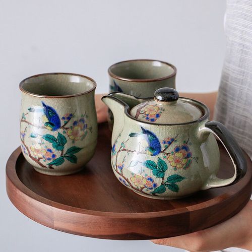 小鹿田烧 日本原装进口花鸟茶壶茶杯陶瓷器手绘茶具套装礼盒330ml