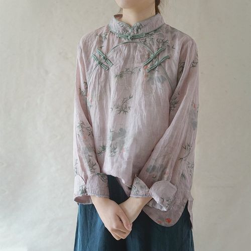 中式苎麻改良旗袍上衣禅意茶服茶艺师服装女夏中国风复古盘扣印花