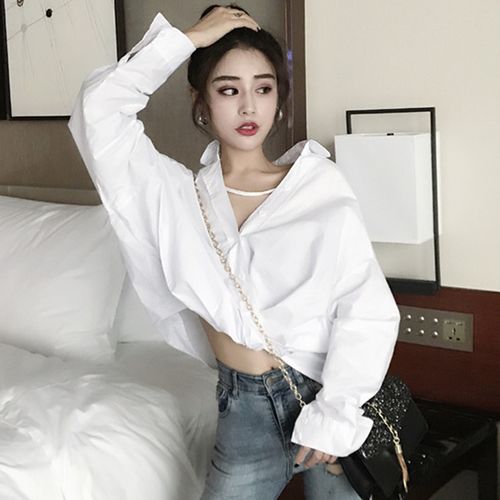 ins风性感v领漏锁骨白衬衫宽松短款衬衣韩舞上衣jazz