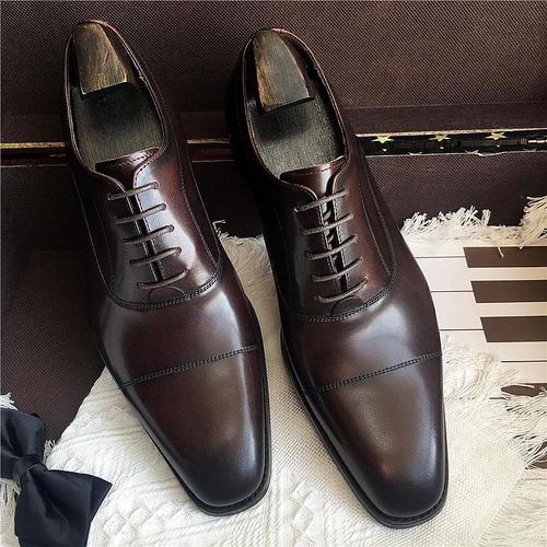 高档真皮三接头手工皮鞋男士商务正装德比鞋英伦布洛克新郎结婚鞋