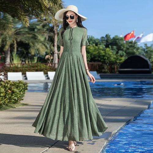 雪纺碎花连衣裙到脚踝2022夏季新款修身显瘦大摆裙旅游度假长裙子