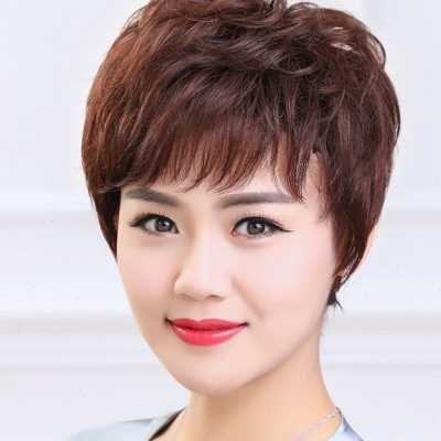 假发女短发送妈妈中老年真发头套卷发发套女士圆脸斜刘海网红发型