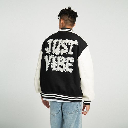 just vibe 黑色骨头字体刺绣棒球服夹克宽松男女同款vibe风