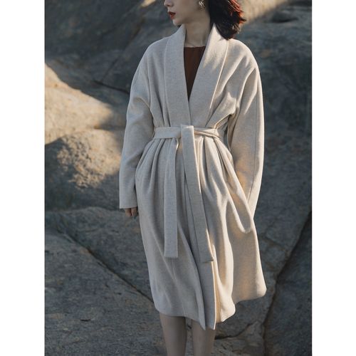 mos事务所 法式慵懒卷边袖浴袍大衣仿羊绒中长款高端