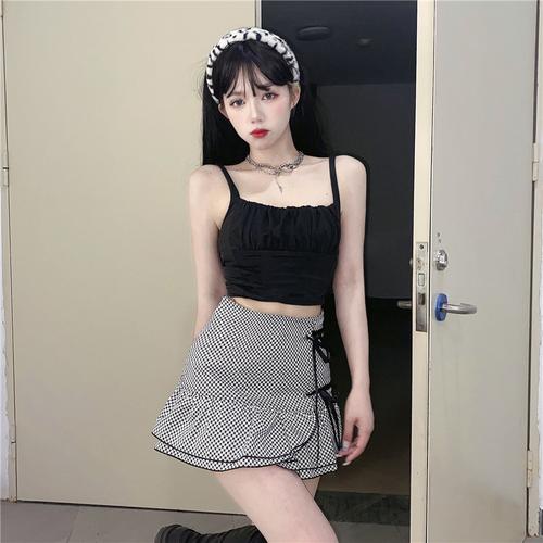 吊带背心女外穿ins短款上衣时尚减龄小个子格子半身裙两件套套装