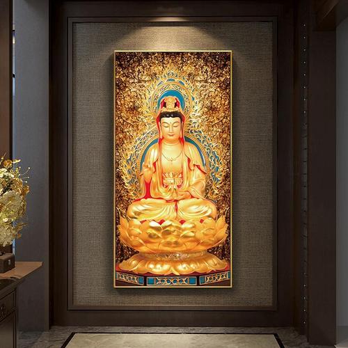 钻石绣自粘金色坐莲观音菩萨贴钻玄关佛教禅意竖版钻石画2021新款