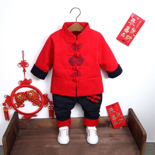 宝宝新年唐装礼服唐装冬装儿童套装中国风加厚小孩过年衣服 中国结款