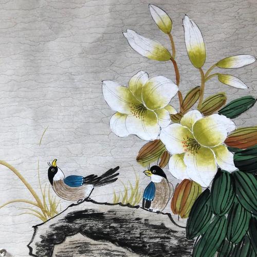 百合花三尺斗方纯手绘写意花鸟国画字画客厅玄关卧室装饰