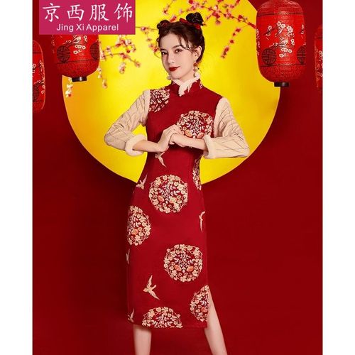 新年衣服旗袍中国风红色拜年服女成人酒红色旗袍冬季新年唐装战袍冬款
