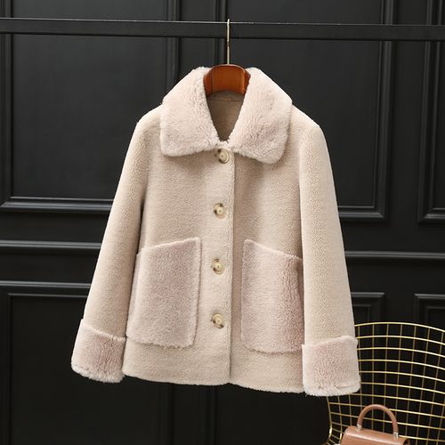 海宁羊剪绒大衣女中老年妈妈小个子羊羔毛皮毛一体短款皮草外套冬