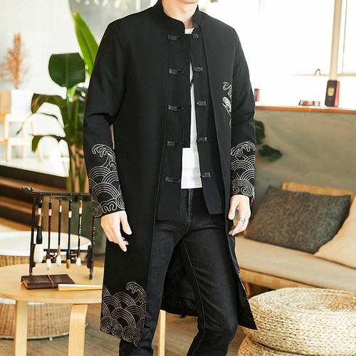 唐装中长款风衣汉服男假两件刺绣复古改良中山装立领盘扣外套大褂