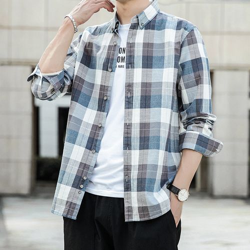 秋季新款男士纯棉衬衣韩版修身时尚休闲寸格子衬衫男长袖潮流外套
