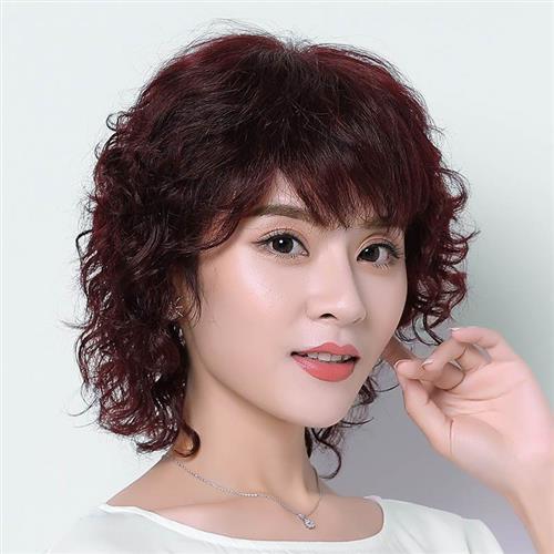 递针真发假发女短发中长卷发送妈妈短卷发型中老年假发套自然逼