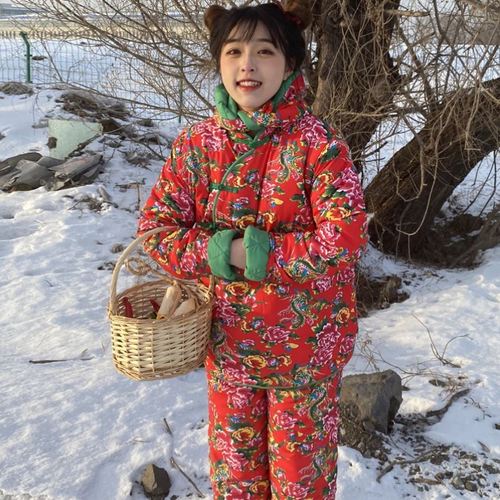 东北大花袄棉裤冬季夹棉加厚民族风碎花棉服时尚女士棉衣外穿套装