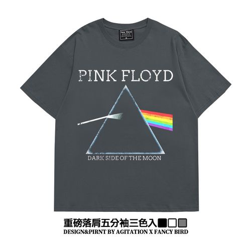 pinkfloyd月之暗面美式街头落肩重磅宽松摇滚五分袖oversizet恤男