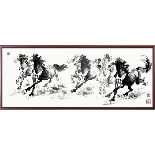 八骏图水墨国画客厅沙发背景墙横幅装饰画书房办公室马到成功挂画