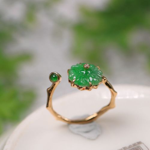 18k金镶嵌冰种满绿天然翡翠小花戒指 树枝款女款翡翠开口戒指