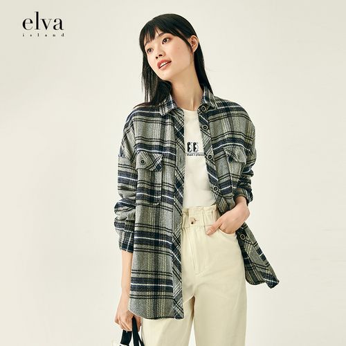 elva" island加厚格纹百搭衬衫女秋冬新款宽松文艺休闲气质衬衣