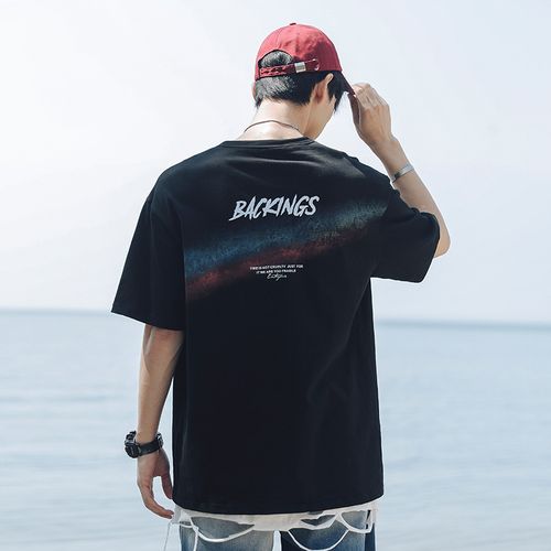 潮流前线港风外景2022年春季新款彩虹印花t恤男纯棉标准型短袖体恤