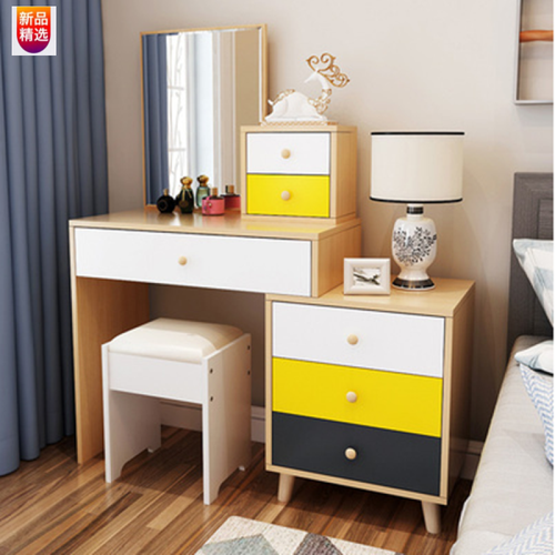 梳妆台简约现代卧室化妆镜实木桌子化妆台白色烤漆收纳盒化妆桌凳