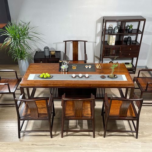 黑檀木檀香木中式茶桌椅组合一桌五椅实木茶桌办公室茶台2021新款