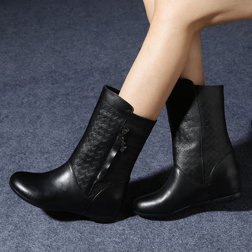 秋冬新款短靴女真皮马丁靴平底内增高短靴圆头全牛皮女士中筒靴