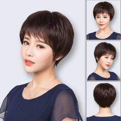 假发女短发自然逼真女士短直发中老年妈妈真发轻薄款圆脸发型蓬.