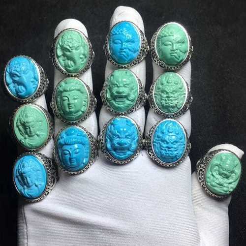 天然伴生菱镁矿高瓷蓝绿松石龙头象神观音大黑天男款式戒指面
