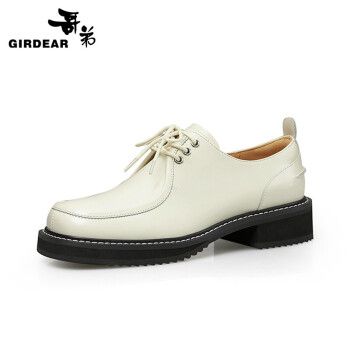 哥弟女鞋新款牛皮方头低帮绑带英伦风绅士鞋女鞋ax13065 白 38