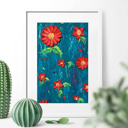 小红花-油性蜡笔重彩画 桌面装饰画  办公室桌面装饰画