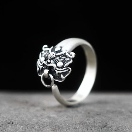 s925纯银复古民族风复古开口指环门神饕餮戒指男女款个性银饰戒指