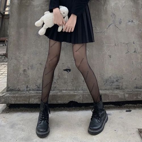 字母黑丝袜女春夏款黑色蕾丝连裤袜子渔网袜潮牌网红薄款jk性感袜