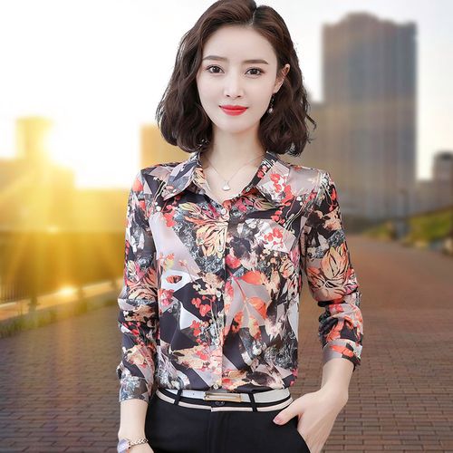 2020年秋装花衬衫女复古新款碎花上衣洋气长袖雪纺衬衣中年妈妈春