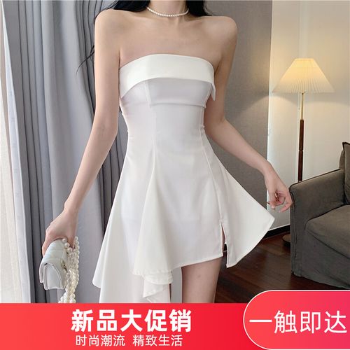 性感一字肩白色抹胸礼服连衣裙