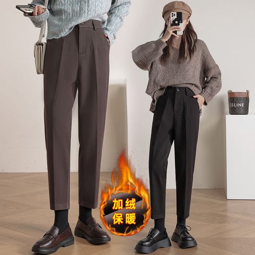 新款现货加绒加厚毛呢裤子女秋冬款高腰西装裤直筒宽松休闲哈伦烟