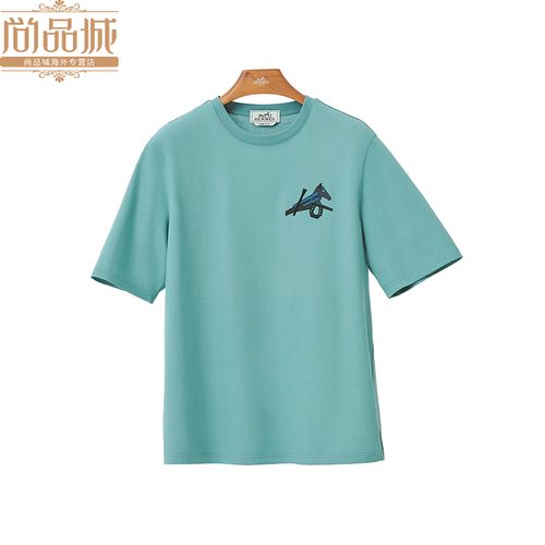 尚品城hermes/爱马仕男士纯色饰迷你皮质贴片经典百搭圆领短袖t恤