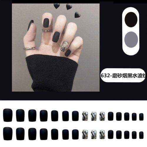可穿戴美甲穿戴式甲片成品可反复拆卸指甲贴古莎 632-磨砂烟黑水波纹