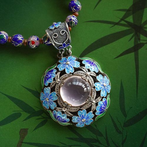 天醉花事纯银掐丝珐琅首饰花丝镶嵌天然粉晶古法传承吊坠女招桃花