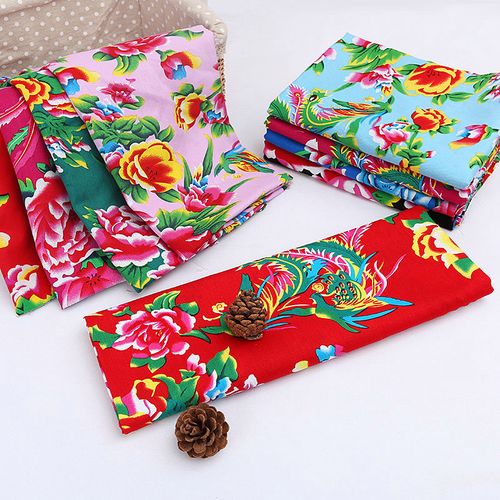 东北大花布布料 棉绸人造棉面料民族风服装布料 凤凰牡丹斜纹棉布