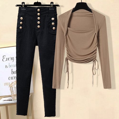 早秋别致上衣裤子女纯欲风辣妹短款长袖t恤两件套高腰紧身牛仔裤