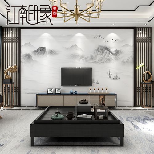 新中式简约大理石纹电视背景墙壁纸意境山水壁画客厅无纺布墙纸