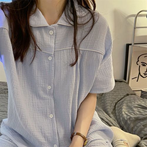 ins网红简约纯棉纱布睡衣女夏季短袖短裤家居服两件套装学生爆款