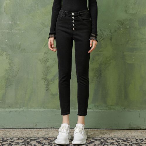 春季新款高腰显瘦修身单排扣牛仔裤九分裤收脚裤长裤女裤子