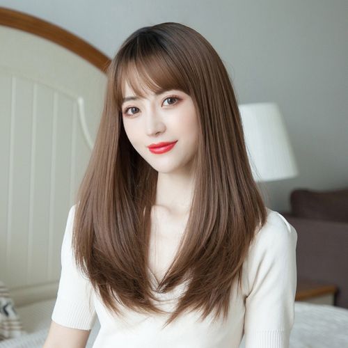 假发女斜刘海中长发 气质自然韩式直发型 头顶染黑全头套式假发套