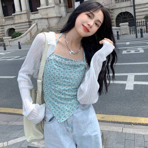 2021法式碎花挂脖背心吊带女夏季薄款内搭倒三角修身外穿蓝色短款