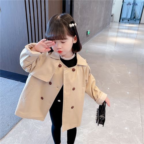 儿童2021春秋新款韩版中长款风衣洋气女童秋款双排扣